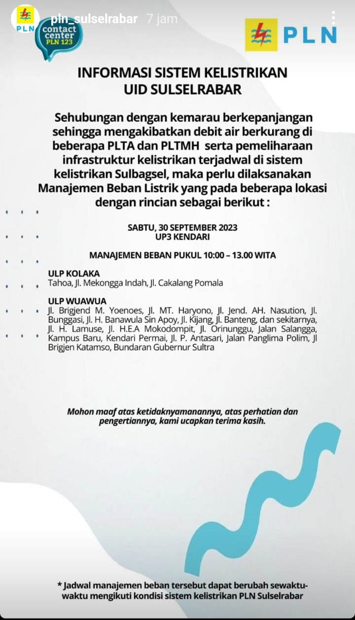 PLN UID Sulselrabar Lakukan Pemadaman Listrik di Kendari Hari Ini, Berikut Jadwal dan Lokasinya