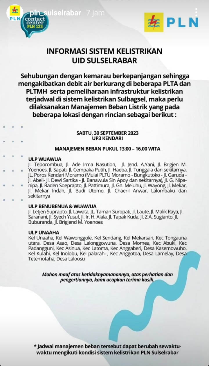 PLN UID Sulselrabar Lakukan Pemadaman Listrik di Kendari Hari Ini, Berikut Jadwal dan Lokasinya