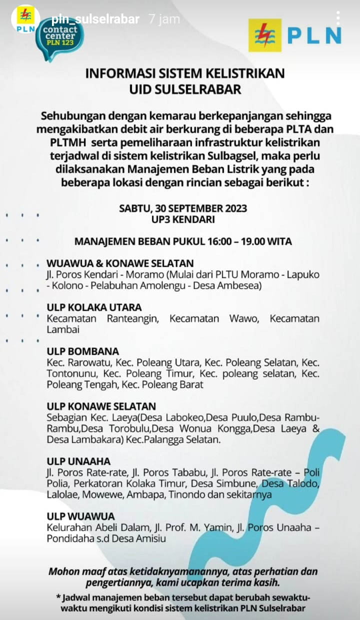 PLN UID Sulselrabar Lakukan Pemadaman Listrik di Kendari Hari Ini, Berikut Jadwal dan Lokasinya