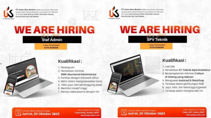 Lowongan Kerja PT Kadar Baru Berkah di Kota Kendari: Staf Admin dan SPV Teknik Dibutuhkan