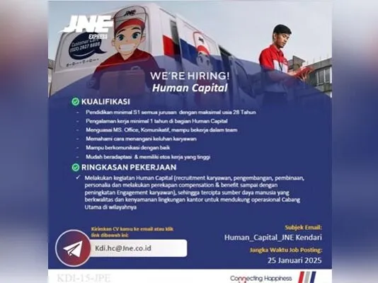 JNE Kendari Membuka Lowongan Kerja untuk Posisi Human Capital JNE Kendari Membuka Lowongan Kerja untuk Posisi Human Capital