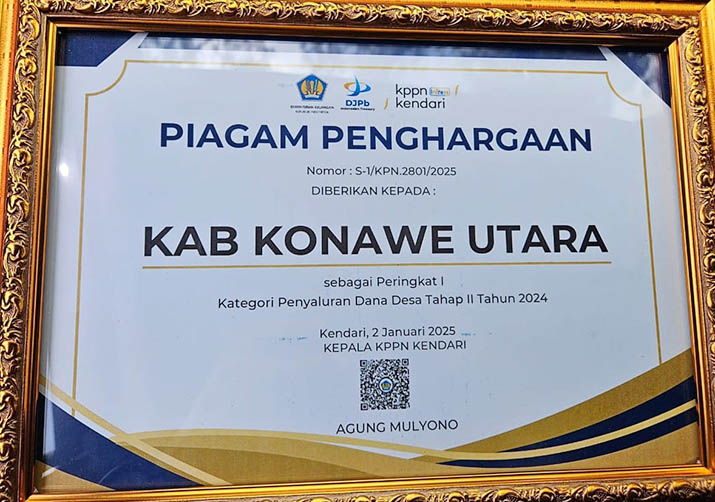 Pemda Konut Kembali Sabet Juara 1 Penyaluran Dana Desa Tahap II Terbaik di Sultra