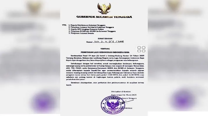 Gubernur Sultra Instruksikan Pemutaran Lagu Indonesia Raya di Instansi dan Ruang Publik Gubernur Sultra Instruksikan Pemutaran Lagu Indonesia Raya di Instansi dan Ruang Publik