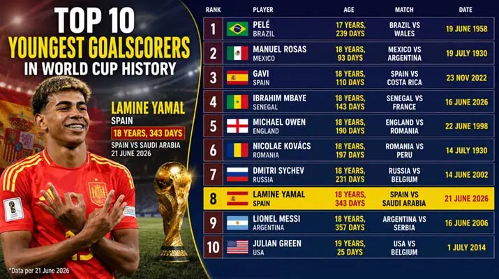 yamal Lamine Yamal Cetak Sejarah di Piala Dunia 2026, Spanyol Gilas Arab Saudi 4-0